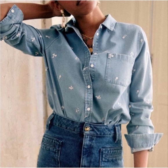 Sezane Tomboy Shirt in Floral Embroidered Denim 4 - Picture 1 of 8